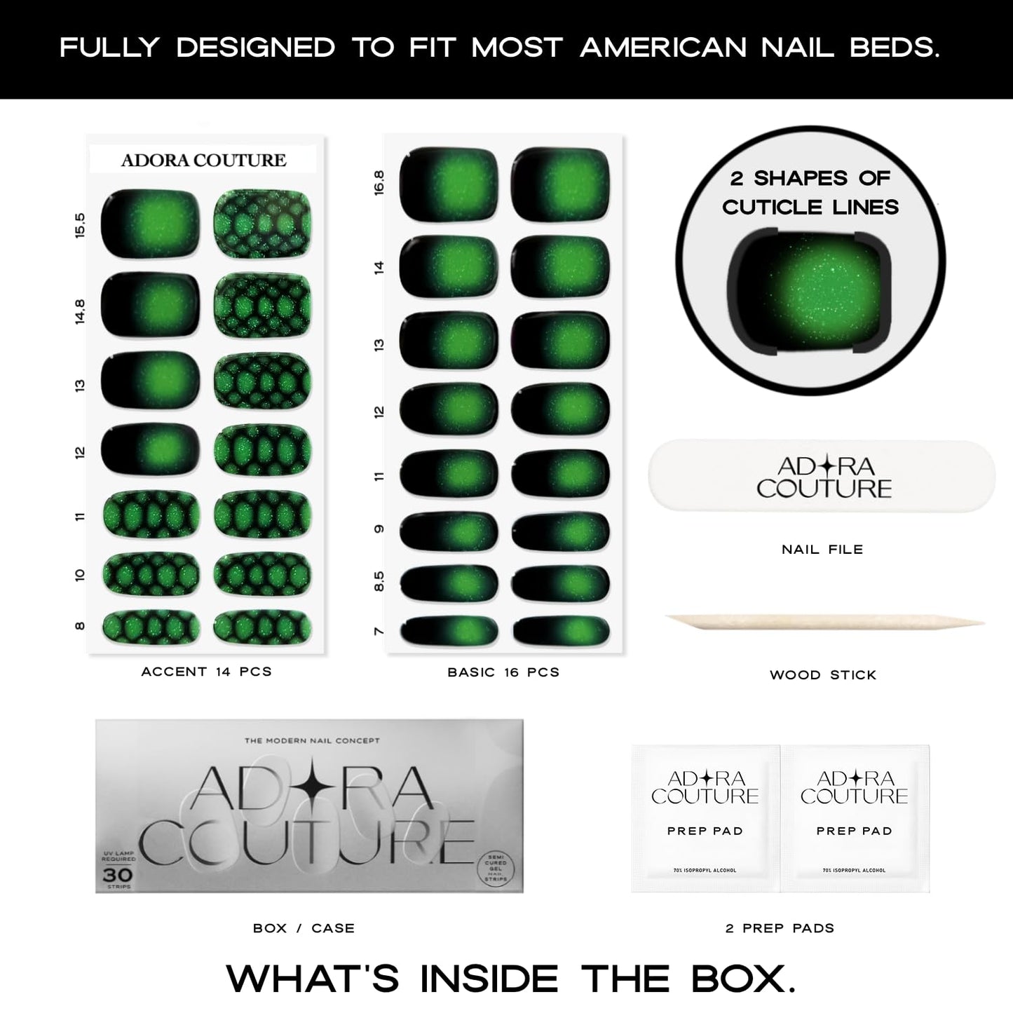 Adora Couture Semi Cured Gel Nail Strips with 30 Pieces, Salon Quality Nail Wraps for Women, Green Black Ombre Aura UV Gel Nail Stickers, UV Light Required, Lizard Green