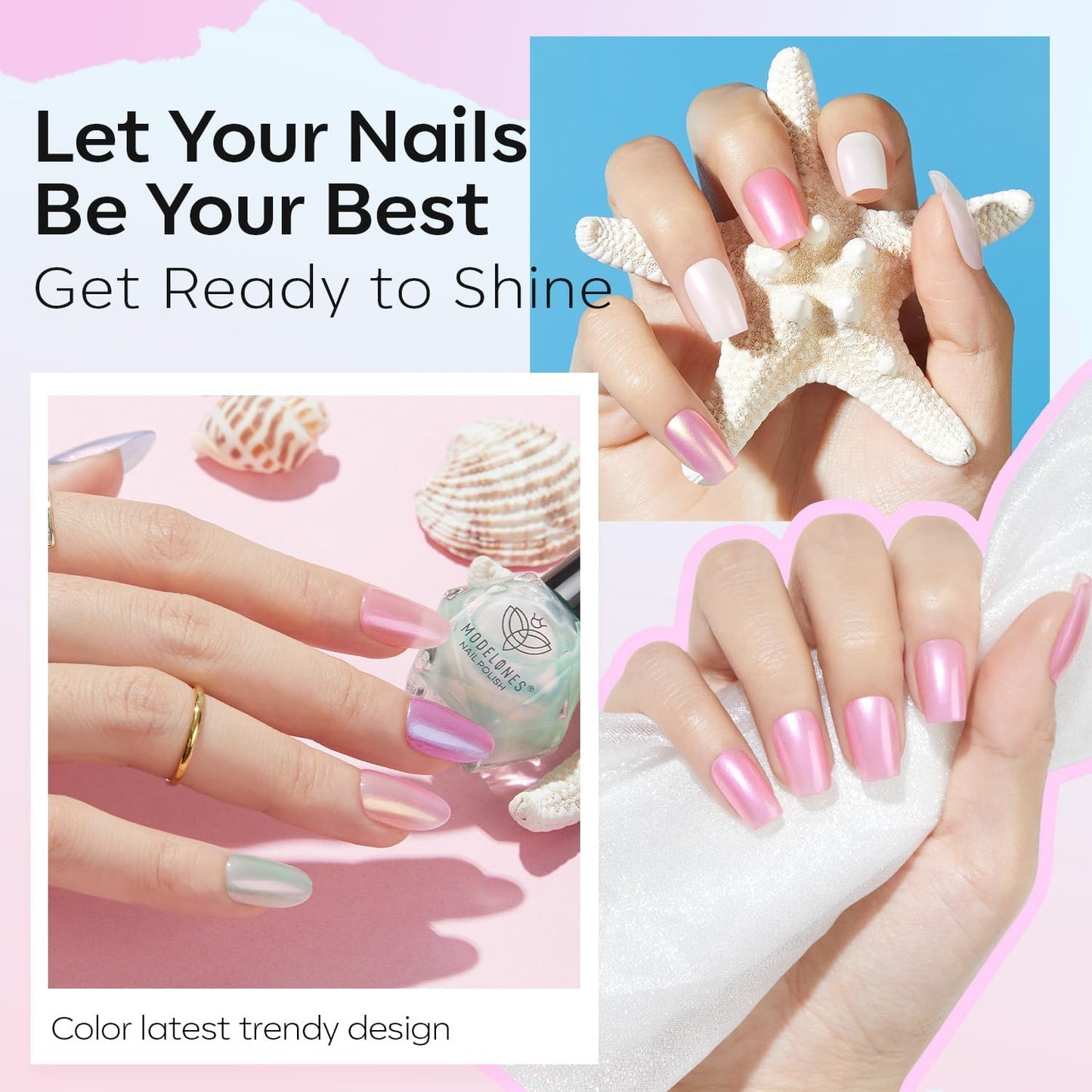 modelones Chrome Nail Polish Set, 2025 Spring Summer 6 Colors Shimmer Pearl White Pink Mermaid Purple Quick Dry Nail Polish Kit Fingernail Polish Manicure DIY Salon Home Easter Gifts for Women Girl