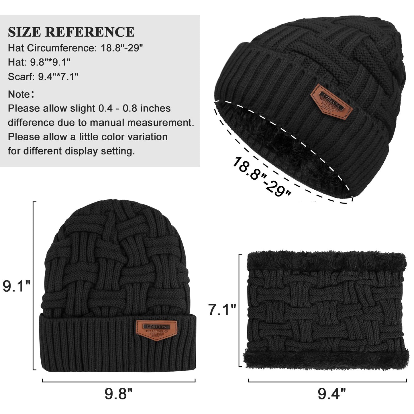 3-Pieces Winter Beanie Hat Scarf and Touch Screen Gloves Set Warm Knit Skull Cap for Men Women, Black(Hat Scarf Gloves)