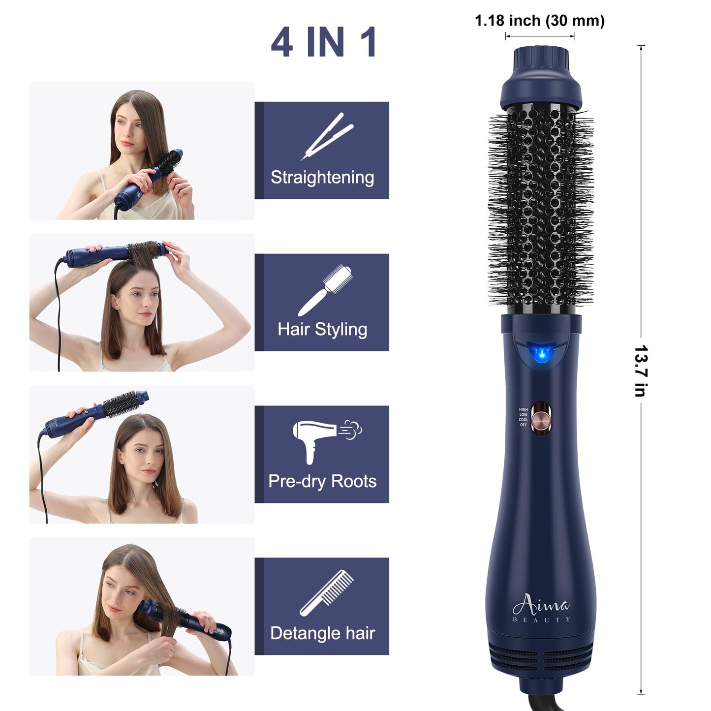 Hair Dryer Brush, Aima Beauty 4-in-1 Upgrade Hot Air Straightener Curler Function for Women, Hair Styling Tools, Prussian Blue-Round