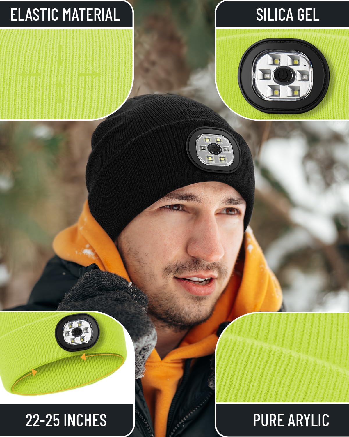 Rechargeable LED Beanie Headlamp - Unisex Winter Knit Cap with Hands Free Flashlight for Fishing, Running, Camping,Lemon