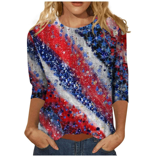 4Th of July Tops for Women Funny 3/4 Length Sleeve Womens Tops 2024 Floral Print Vintage Casual Loose with Round Neck Plus Size Shirts