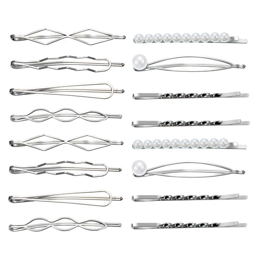 16 Pieces Geometric Metal Hair Pins, Silver Hair Pins Pearls Hair Clips Hair Barrettes Metal Bobby Pins for Woman Girls