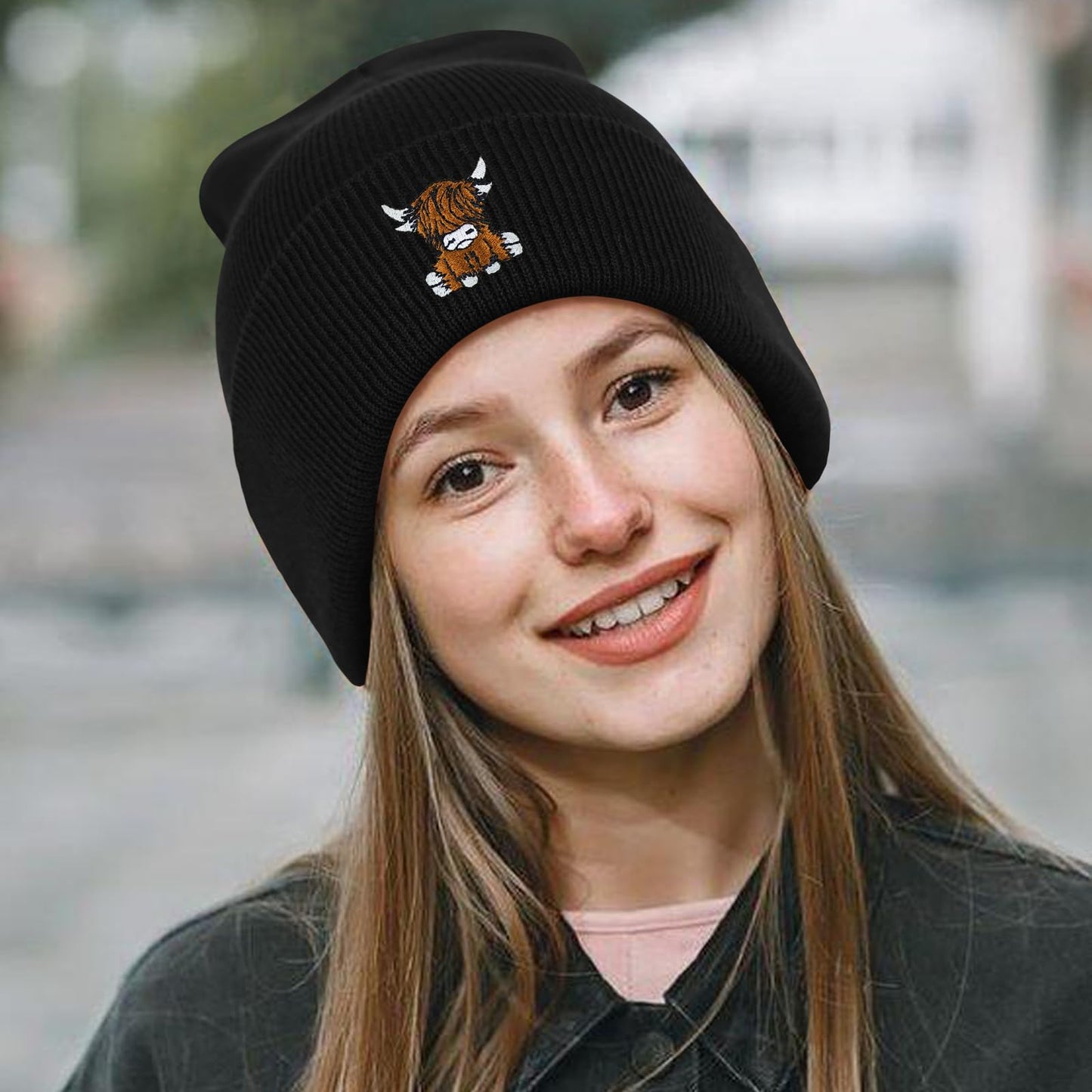 gswirmchsq Scottish Highland Cow Beanie Hat Black, Cute Funny Cow Embroidery Winter Knit Skull Cap for Adult Men Women