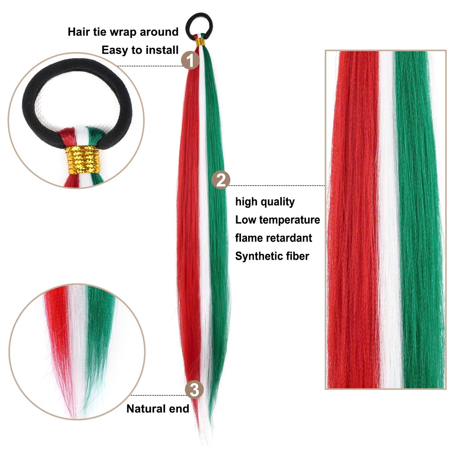 2 Pack Braid Ponytail Extension, Full of Christmas Color Ponytail Extension, with Elastic Tie Straight Tube Sleek Wrap Extension Hair Ponytail Extension 26 Inch (Green/White/Red#)