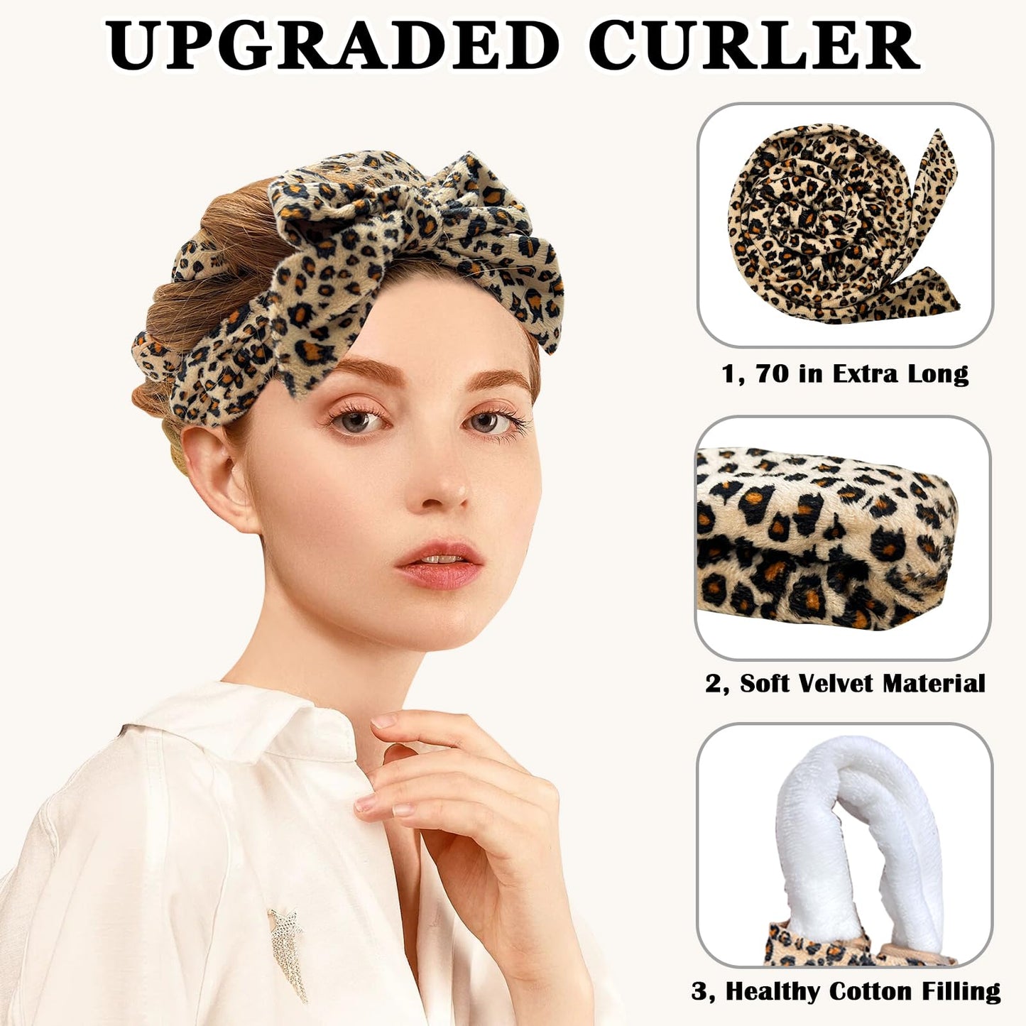 Gwabee No Heat Overnight Curl Headband - 70" Soft Ribbon Wrap for Long Hair, 9 PCS Curling Rods Set - Leopard Print Curls Headband