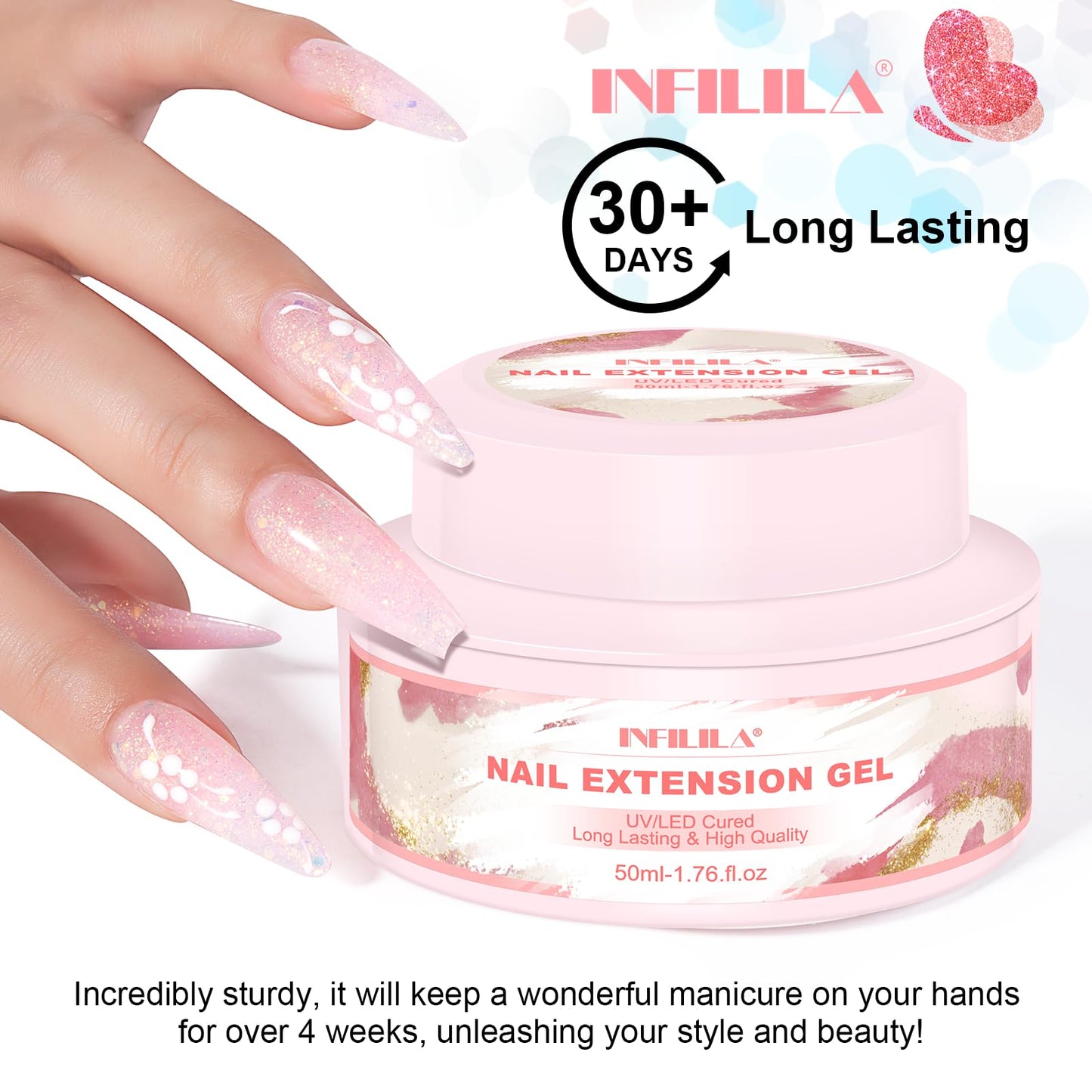 NXJ INFILILA Glitter Poly Nail Gel, Baby Pink Colors Poly Extension Gel Nail Enhancement, Thickening Glossy Builder Home DIY Salon Use for Girls UV/LED Nail Lamp Required P05
