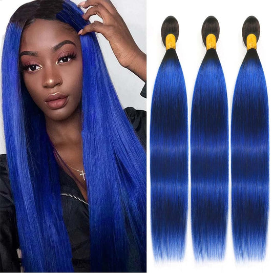 1B/Blue Straight Bundles Blue Human Hair Bundles Ombre Two Tone Black Roots to Blue Bundles Human Hair Weave Double Weft Brazilian Hair Wet and Wavy Bundles Silky Soft for Black Women 22 24 26 inch