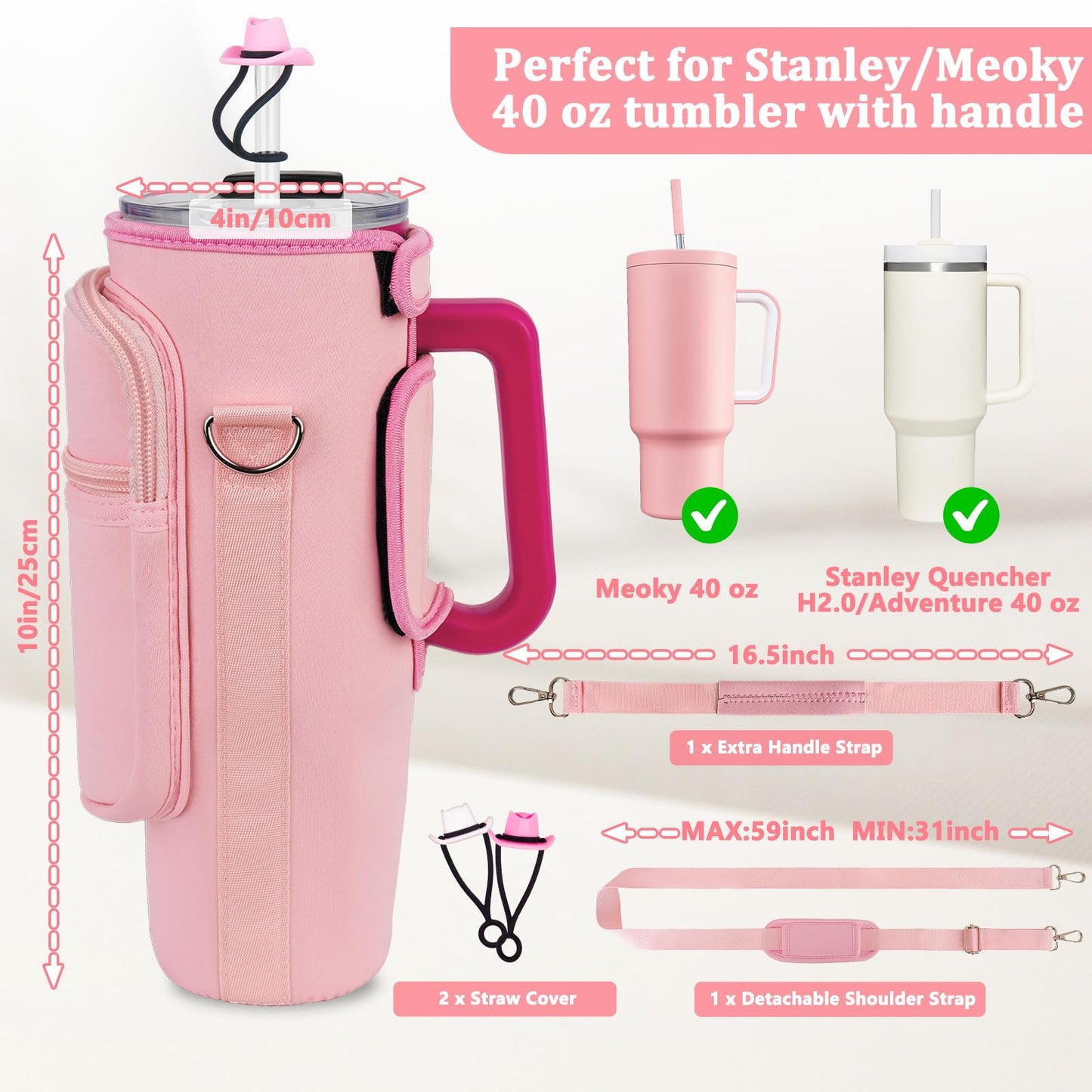 Water Bottle Carrier Bag with Phone Pocket and 2 Straw Covers Compatible with Stanley/Meoky/BrüMate 40 oz Tumbler with Handle,Water Bottle Holder with Adjustable Strap Fits for Stanley Cup Accessories