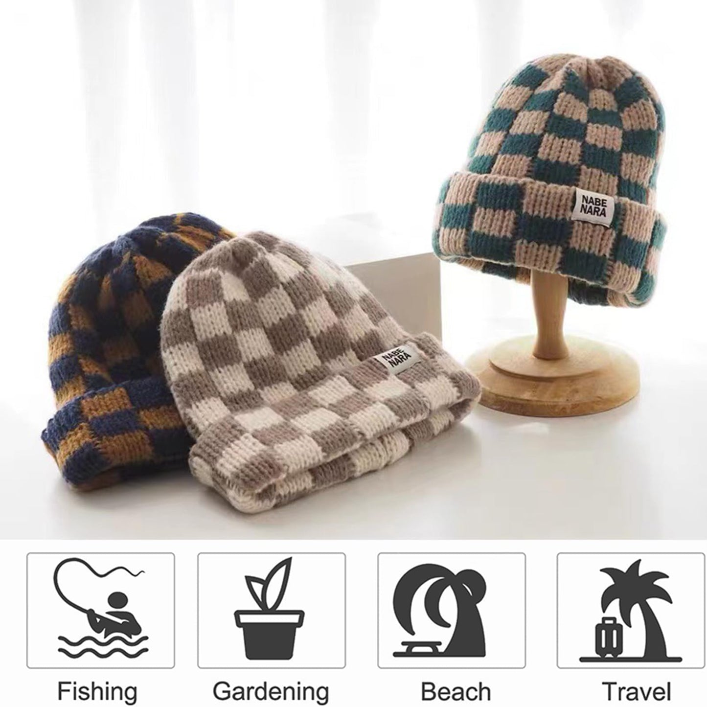 Cuffed Knit Beanie Hats for Men Women Checkerboard Plaid Womens Hat Stretch Winter Beanies Skull Cap Slouchy Warm Ski Caps Unisex