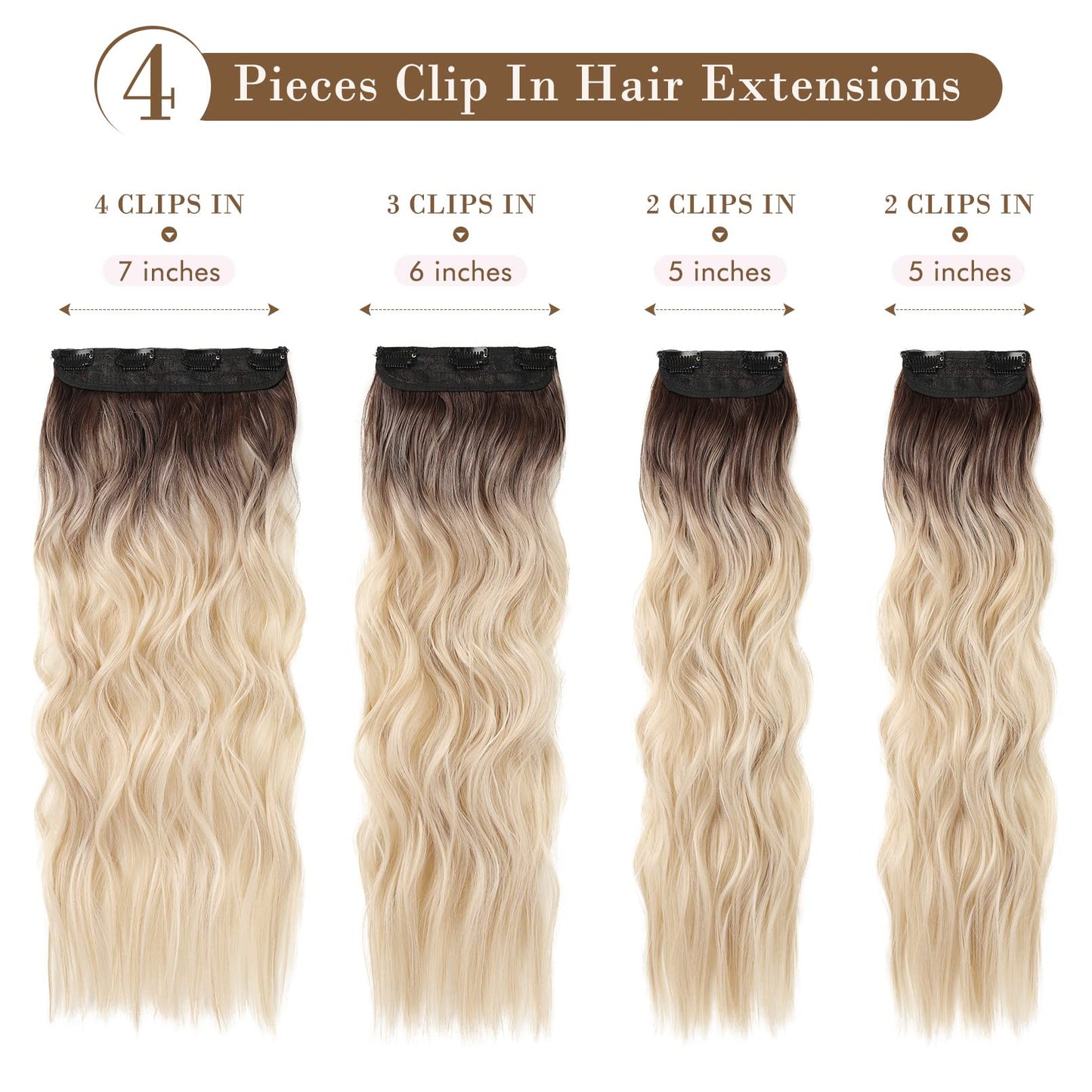 REECHO Hair Extensions, 4PCS Clip in Hair Extensions HE001 Natural Soft Synthetic Hairpieces for Women (20 Inch-200 Gram (Pack of 4), Ombre Ash Brown to Blonde)