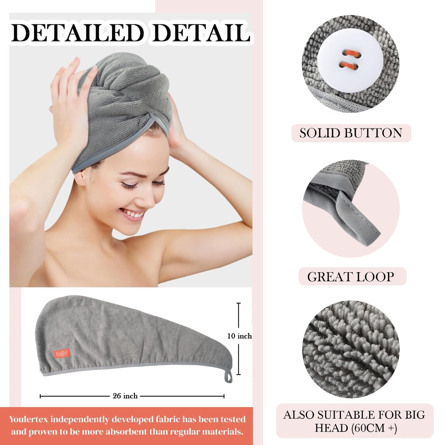 YoulerTex Microfiber Hair Towel Hair Wrap: 2 Pack 10X26 Hair Dryer Towels for Women Absorbent Turban Twist Drying Shower Cap Curly Hair Products for Hair Care Hair Accessories (03 White)