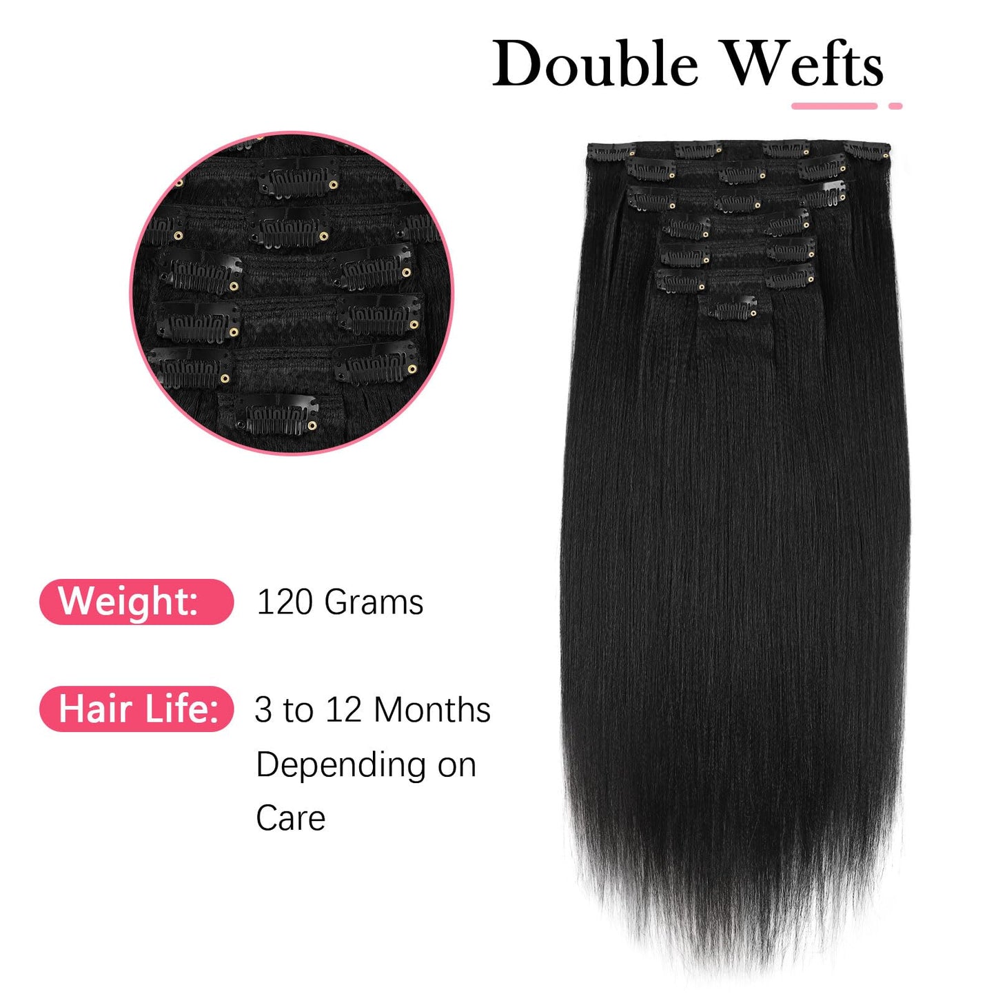 Sassina Light Yaki Straight Clip in Hair Extensions Human Hair Double Wefts Clip in Extensions for African American Black Women 120 Grams Jet Black 16 Inch 7Pcs