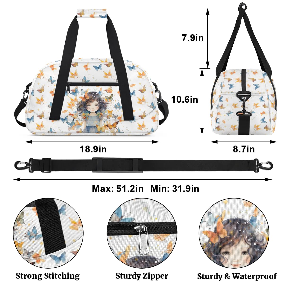 Gym Bag for Kids Girls, Butterfly Girl Small Duffel Bag with Padded Handles Carry On Weekend Travel Bag for School Practice Ball Games