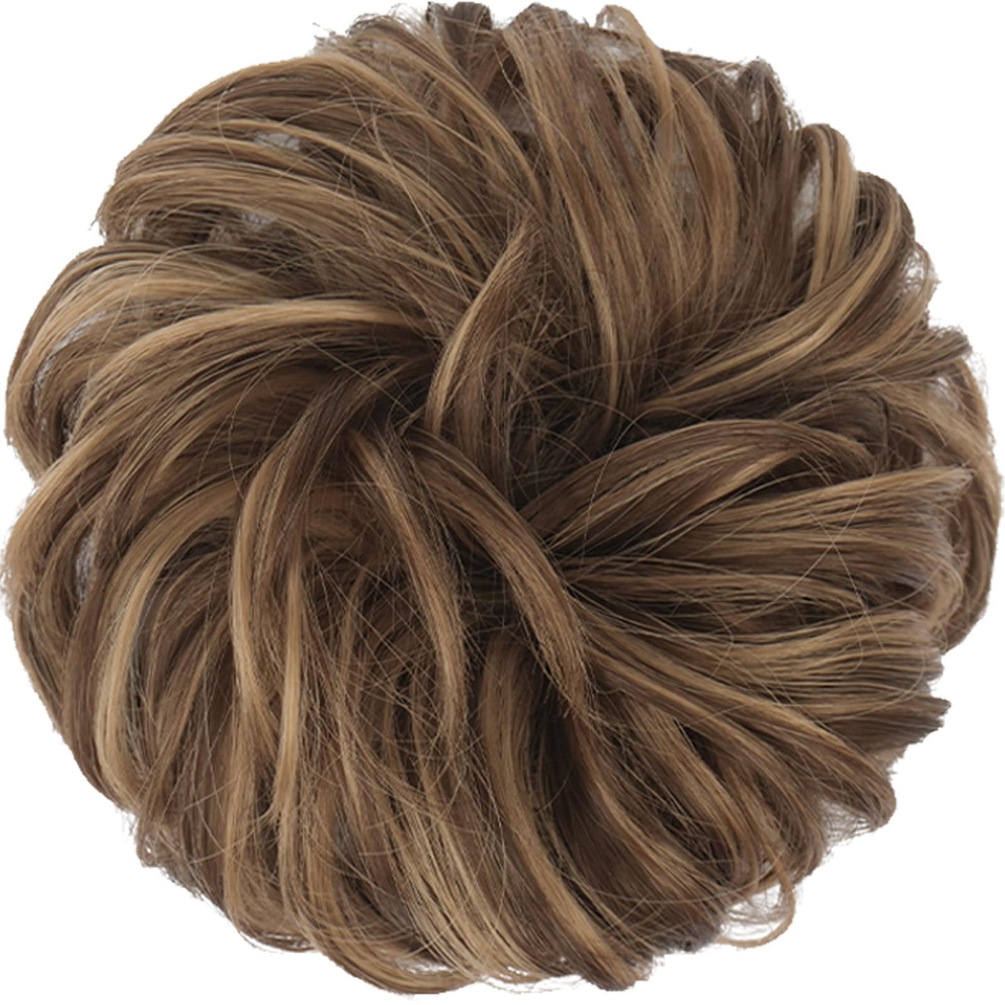 FESHFEN Messy Bun Hair Piece - Large Wavy Curly Elastic Hair Bun Scrunchies Ponytail Extensions Synthetic Chignon Hairpieces for Women, Light Ash Brown Mixed Golden Brown 1.94oz
