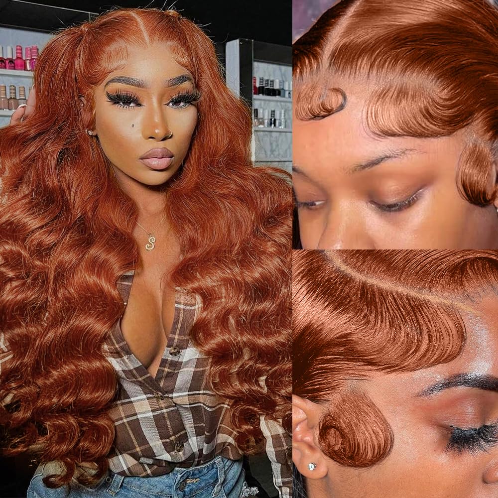 200 Density 13x6 Reddish Brown Lace Front Wigs Human Hair Pre Plucked 13x6 HD Transparent Body Wave Lace Front Wigs Human Hair With Baby Hair Ginger #33 Colored Human Hair Wig For Women (20 Inch)