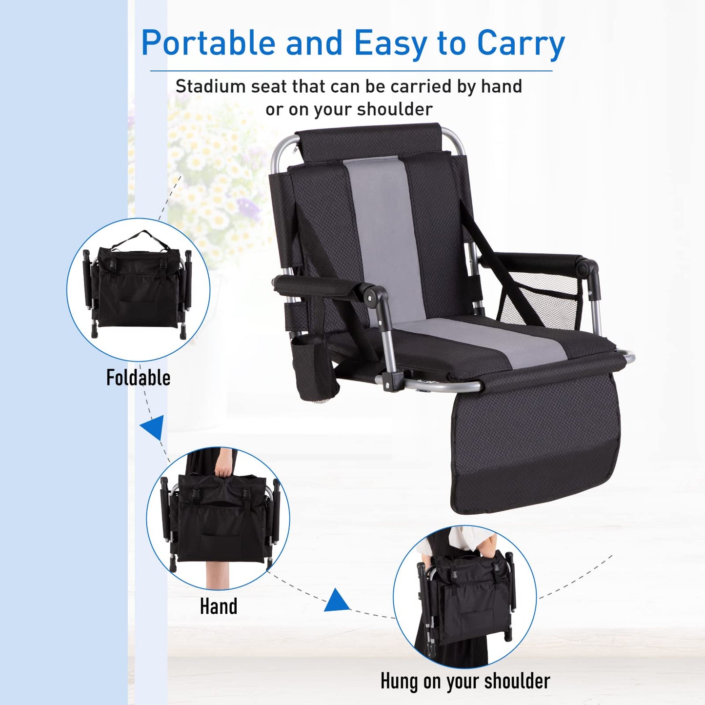 GREEN PARTY Stadium Seats for Bleachers 2 Pack Portable Outdoor Floor Folding Stadium Chair with Armrest, Back Support, Cup Holder, Mesh Bag and Hide Hooks