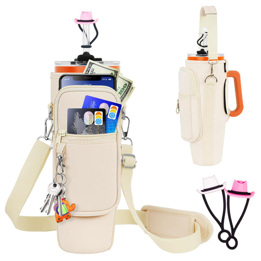 Water Bottle Carrier Bag with Phone Pocket and 2 Straw Covers Compatible with Stanley/Meoky/BrüMate 40 oz Tumbler with Handle,Water Bottle Holder with Adjustable Strap Fits for Stanley Cup Accessories