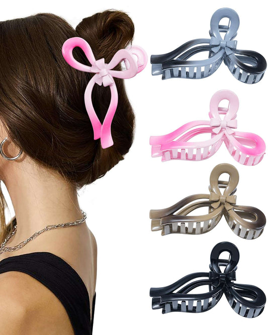 4 PCS Bow Hair Clips for Women Bow Claw Clip 5" Large Hair Claw Clips for Thick and Thin Hair Cute Bows Jaw Clip (Gradient - Khaki + Gray + Pink + Black)