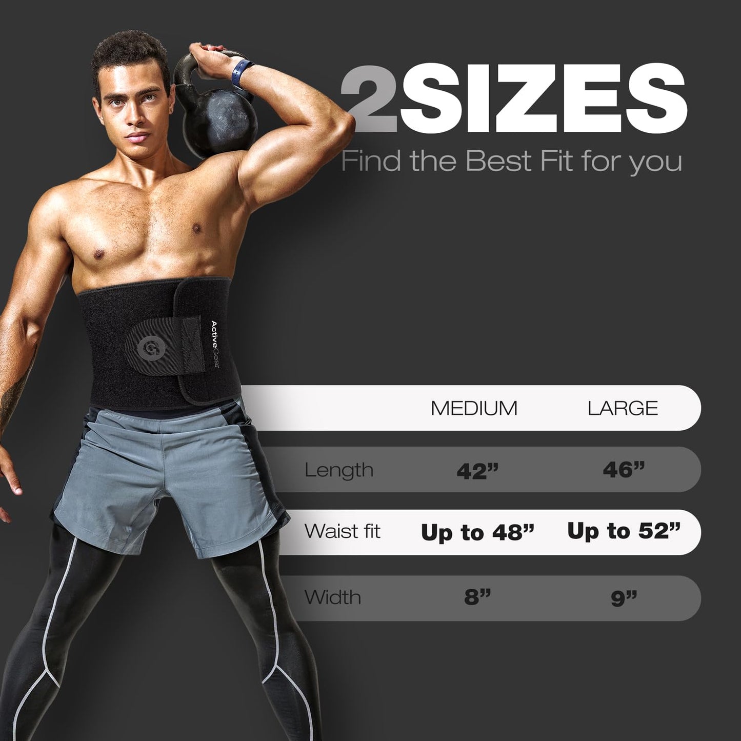 ActiveGear Waist Trimmer Belt for Stomach and Back Lumbar Support, Large: 9" x 46" - Charcoal