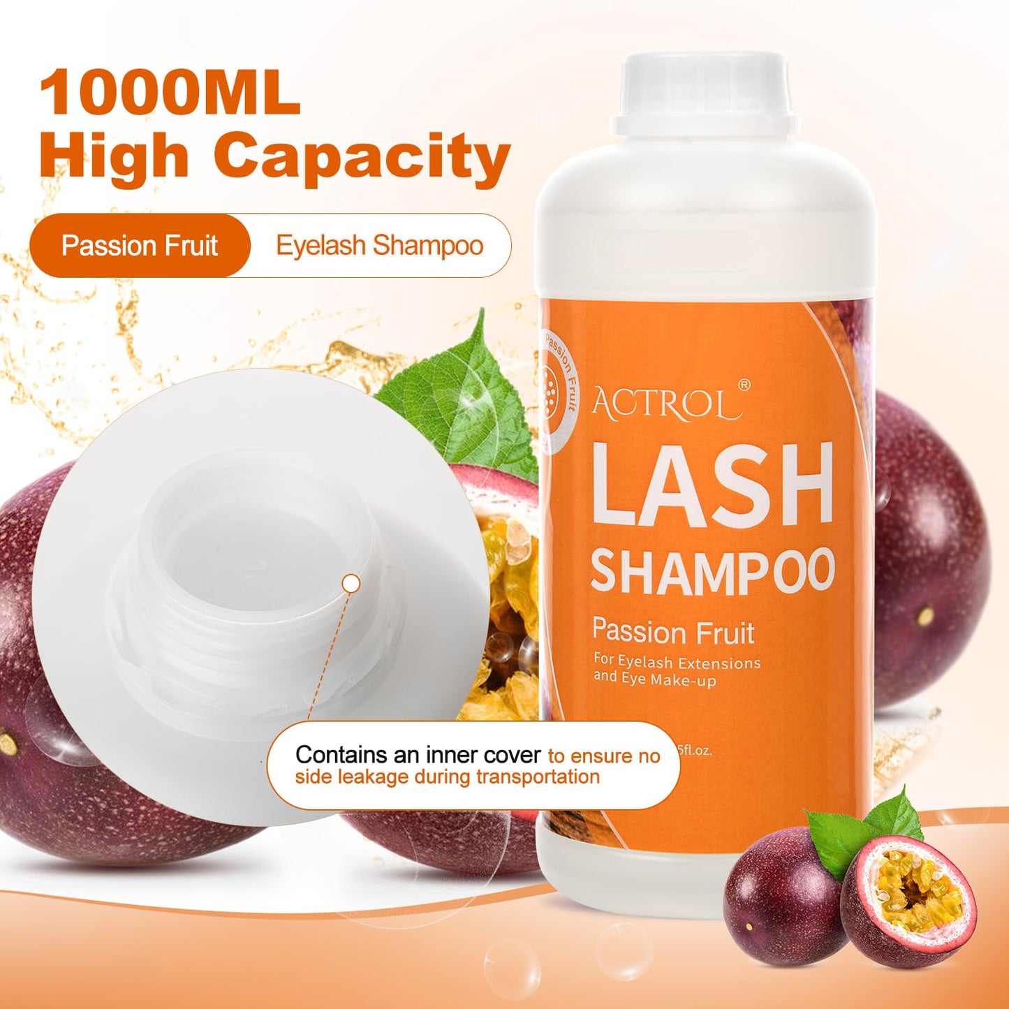 ACTROL Eyelash Extension Cleanser Passion Fruit 1L Natural Lash Extension Shampoo Professional Eyelid Foaming Cleanser Paraben & Sulfate Free Non-lrritating with Salon and Home Care