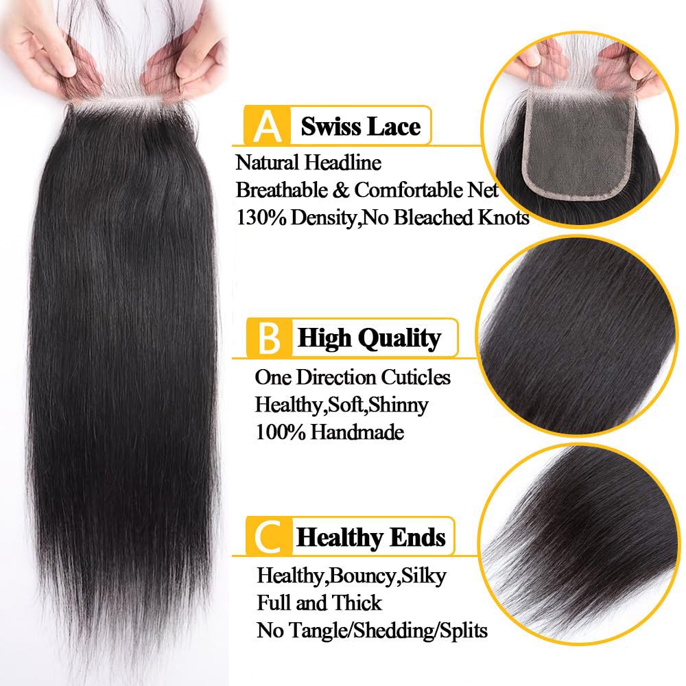 QTHAIR 14A Grade Brazilian Straight Human Hair Bundles with Closure(14" 16" 16"+12"Free Part Lace Closure,Natural Black) 100% Unprocessed Brazilian Virgin Hair Extensions for All Women