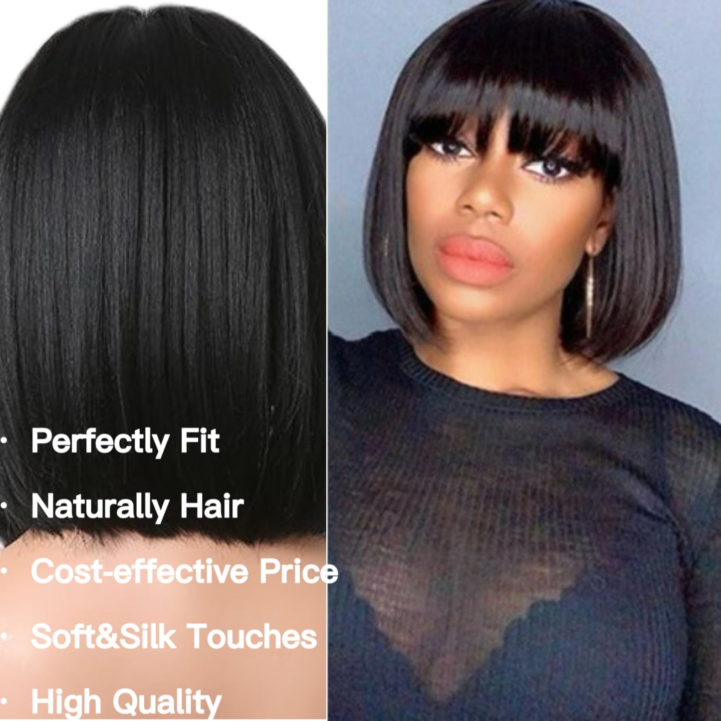 Tangyaoyusun 12Inch Black Wig with Bang Short Straight Bob Hair For Girls Women Theme Party(Black)