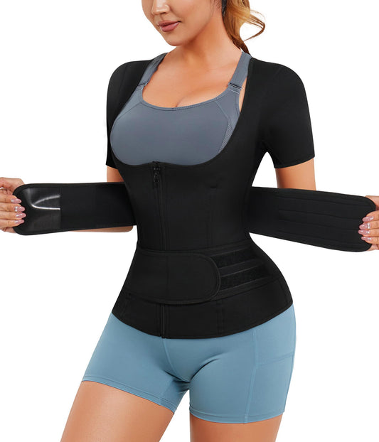 Nebility Womens' Sauna Sweat Vest Weight Loss Workout Waist Trainer (Zipper Short Sleeves, Small)