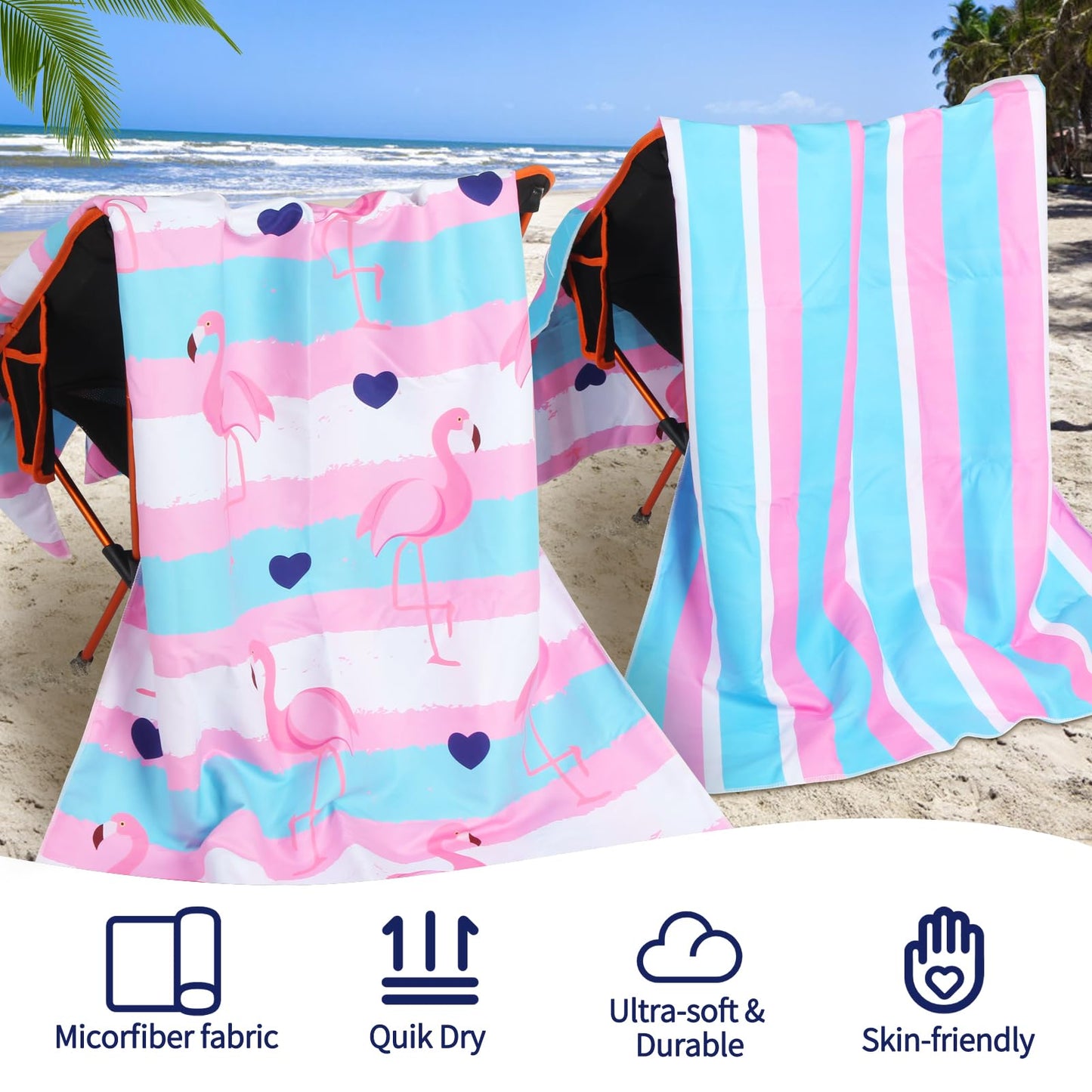 2 Pack Microfiber Oversized Lightweight Beach Towel for Adults Women Men, Reversible 71" x 32" XL Extra Large Thin Quick Dry Sand Free Pool Towels for Travel Sport Swimming Camping Picnic Yoga Gym