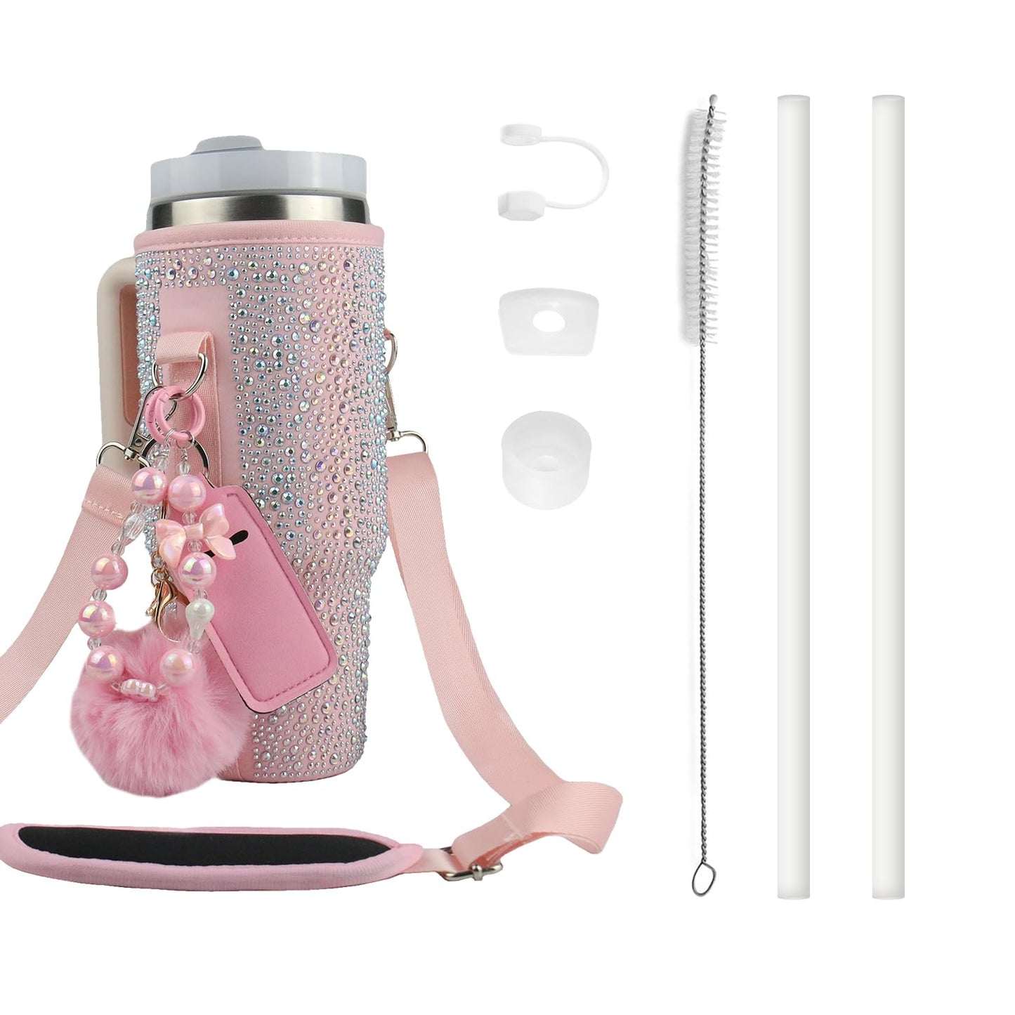 Water Bottle Carrier Bag for Stanley 40oz Tumbler - Stanley Cup Belt Bag with Adjustable Strap, Straw Cover & Pompom Keychains - Thanksgiving Day and Christmas Day Gifts (Pink Diamond)