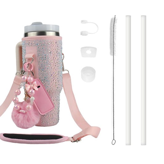Water Bottle Carrier Bag for Stanley 40oz Tumbler - Stanley Cup Belt Bag with Adjustable Strap, Straw Cover & Pompom Keychains - Thanksgiving Day and Christmas Day Gifts (Pink Diamond)