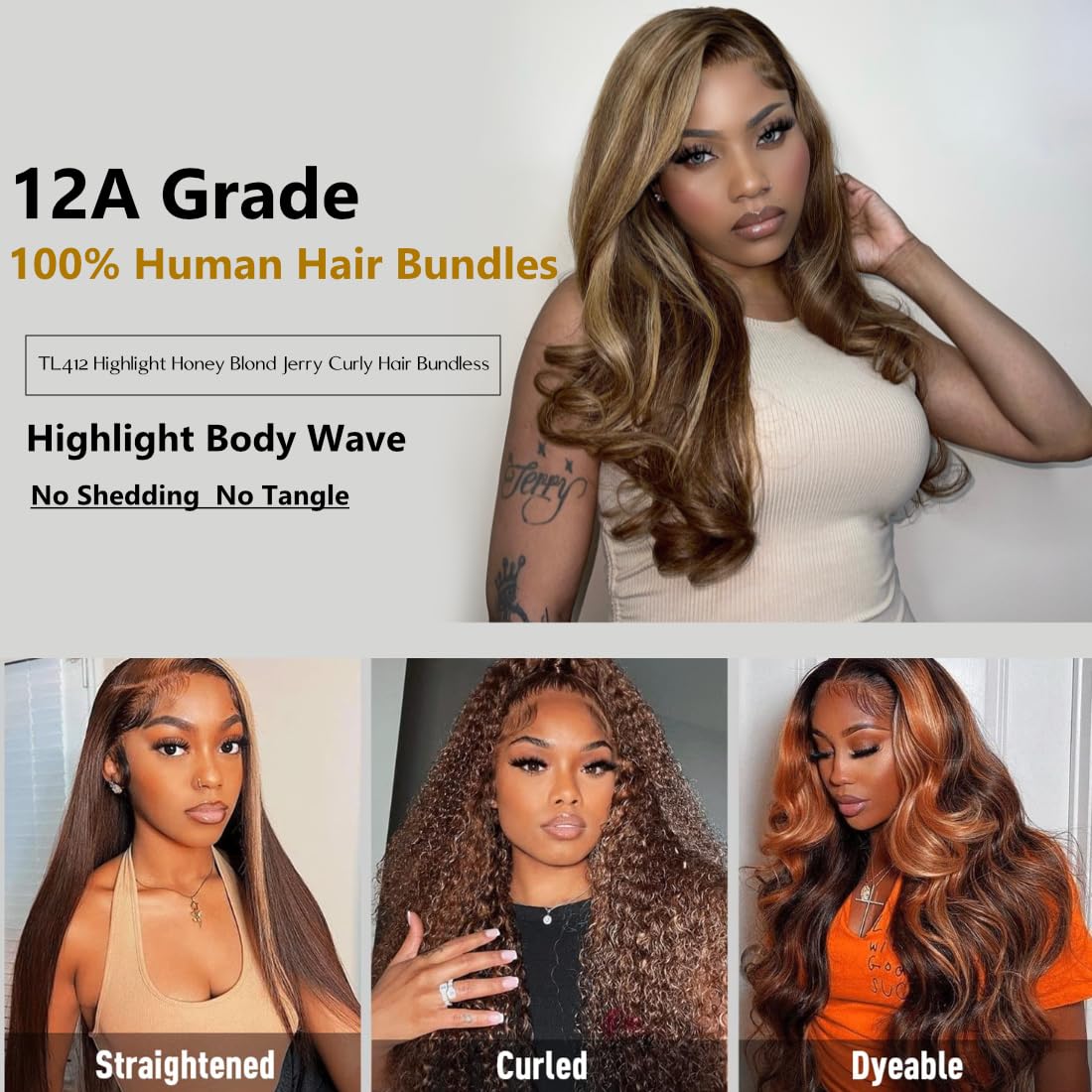 Sunber TL412 Honey Blonde Highlight Body Wave Human Hair Weave 3 Bundles for Women,12A Brazilian Remy Human Hair Bundles Balayage Colored (10” 12” 14”) Inch Human Hair Weave Sew in Extension