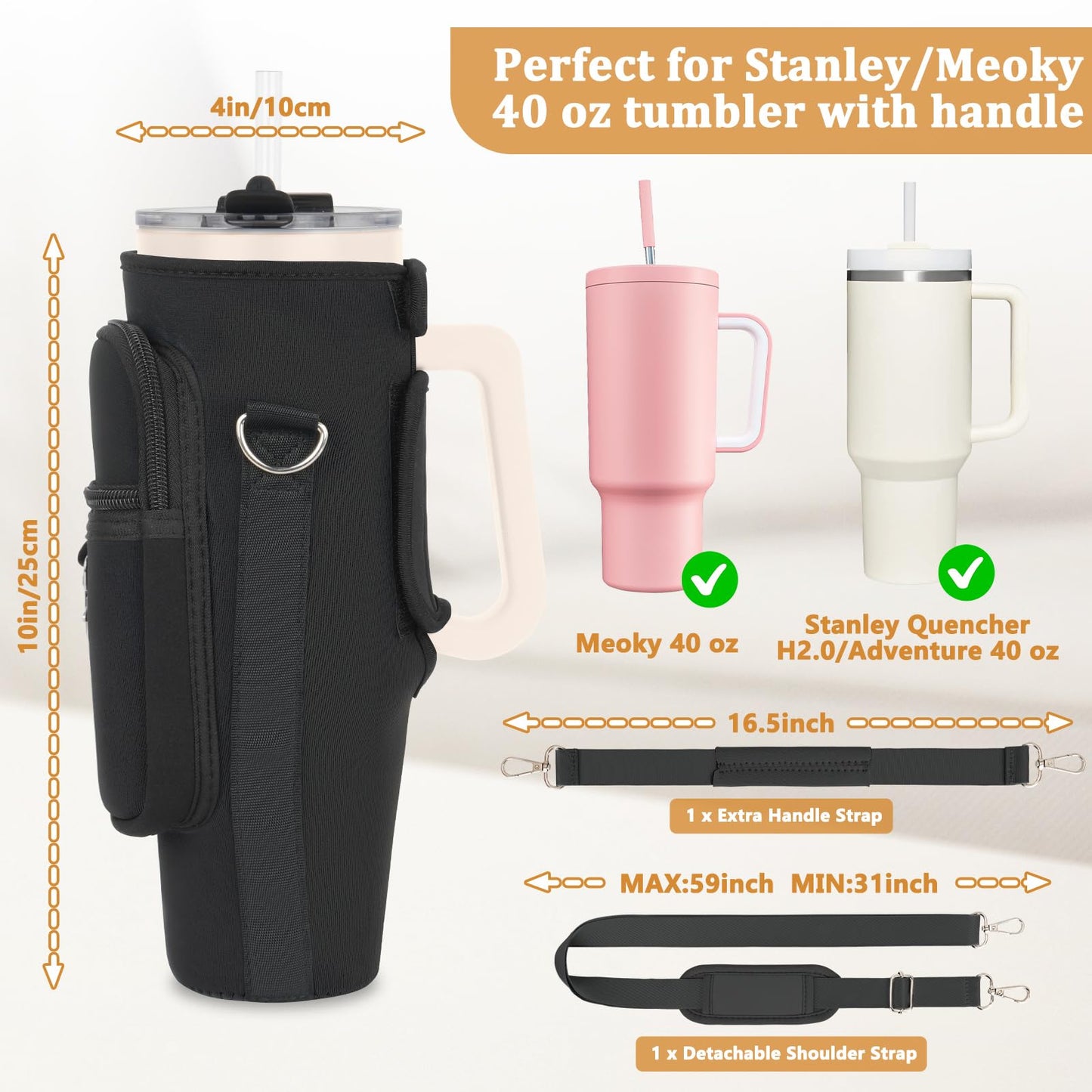 Water Bottle Carrier Bag with Phone Pocket Compatible with Stanley/Meoky 40 oz Tumbler with Handle,Neoprene Water Bottle Holder Pouch with Adjustable Strap Compatible with Stanley Cup Accessories