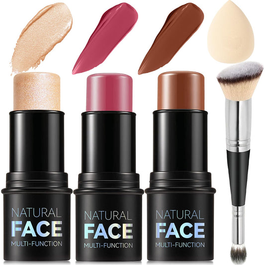 3Pcs Cream Contour Stick Makeup Kit, Shades with Highlighter, Blush and Bronzer Contour Stick for Sculpt the Cheeks, Long Lasting, Waterproof, Matte & Dewy Finish LIGHT FAIR(8+10+12)