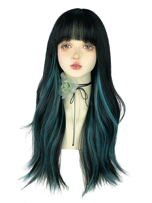WKLOUYHE Long Wavy Wig for Women Synthetic Curly Wig with Bangs Fibre Cosplay Wig for Girls Daily Use Colorful Wigs (Black+Blue)