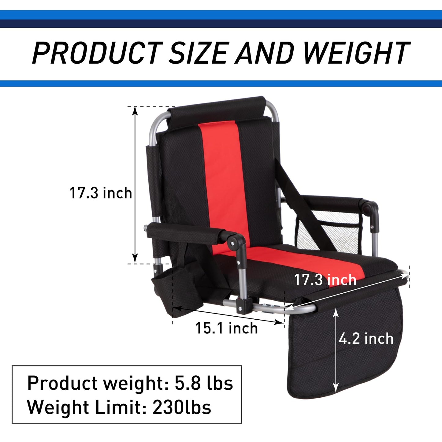 GREEN PARTY Stadium Seat for Bleachers Portable Outdoor Floor Folding Stadium Chair with Armrest, Back Support, Cup Holder, Mesh Bag and Hide Hooks, Black Red