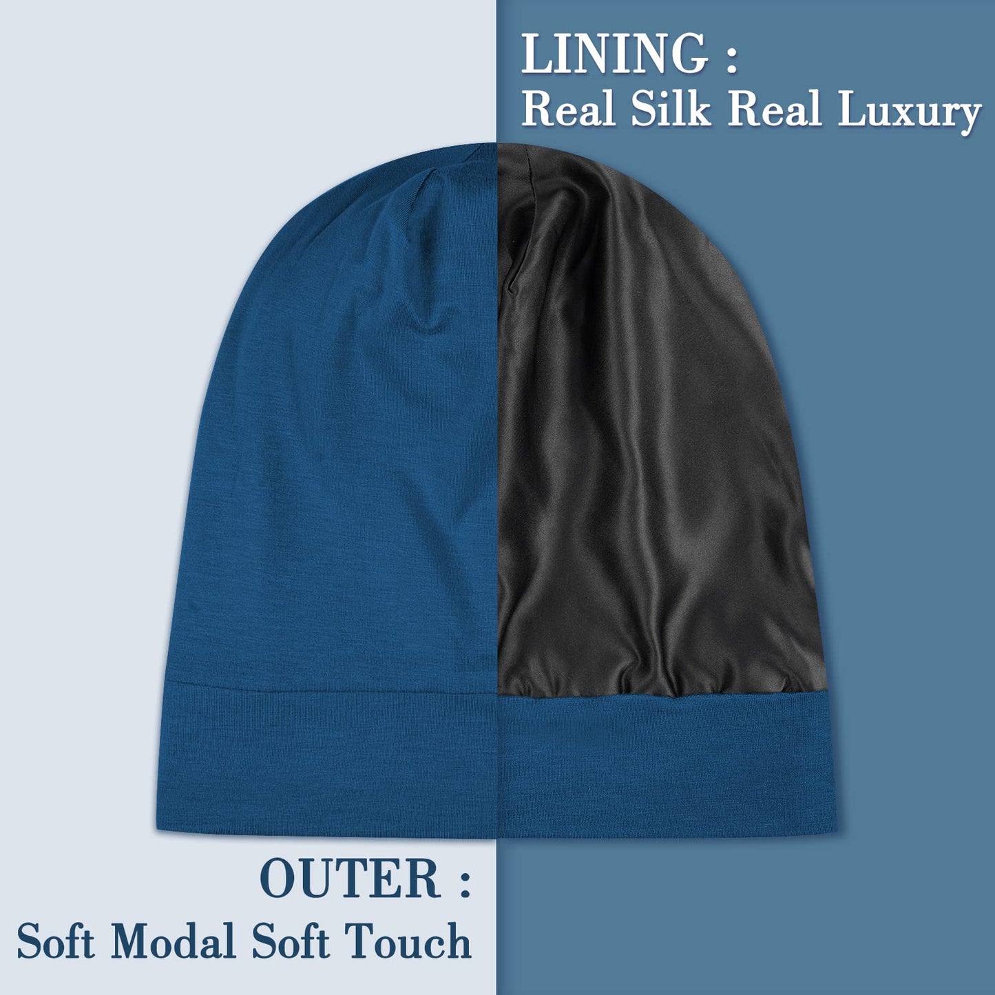 LULUSILK Mulberry Silk Bonnet for Sleeping Women, Real Silk Sleep Cap for Curly Hair and Braids, Pure Silk Head Wrap with Scrunchies, Bijou Blue
