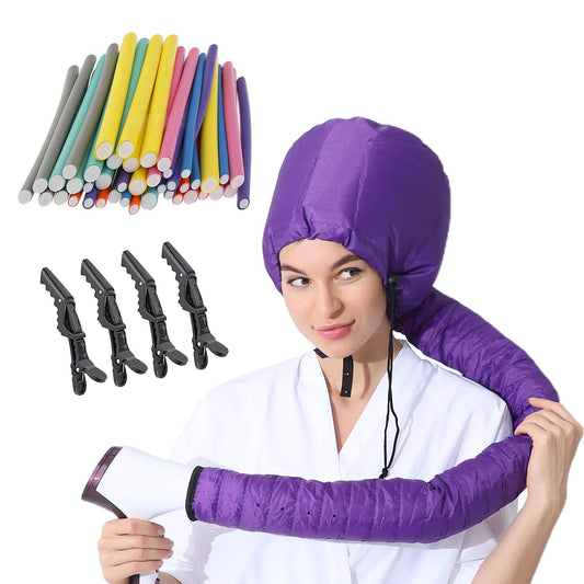 3 in 1 Pack 24 pcs Flexi Soft Hair Curler Rollers Curling Rods with Hair Dryer Bonnet Attachment and 4 Styling Clips (Hair Rollers + Purple Drying Hood)