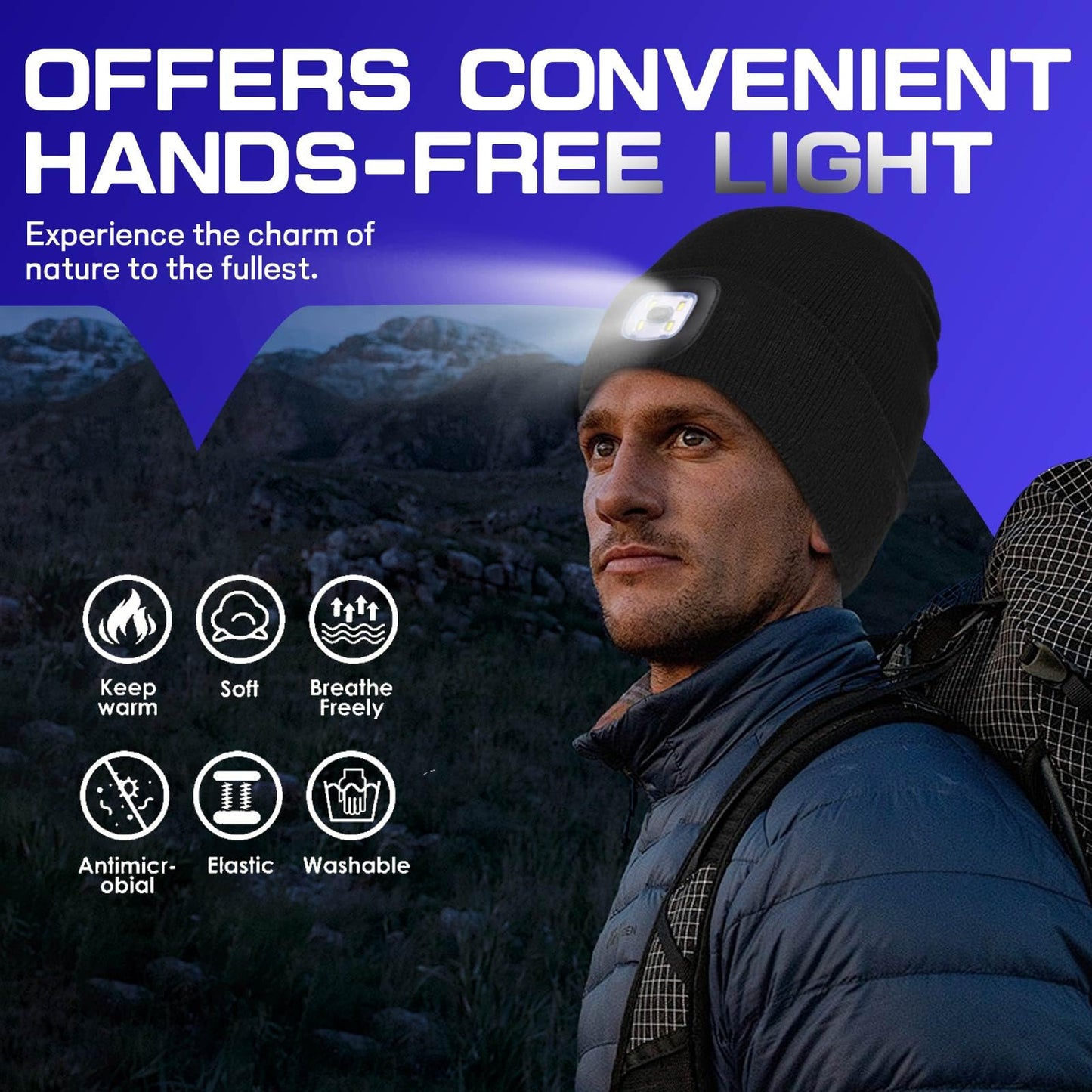 Unisex Beanie Hat with Light, USB Rechargeable LED Headlamp Cap Warm Knit Hats for Winter Safety，Gifts for Men Women Dad Black