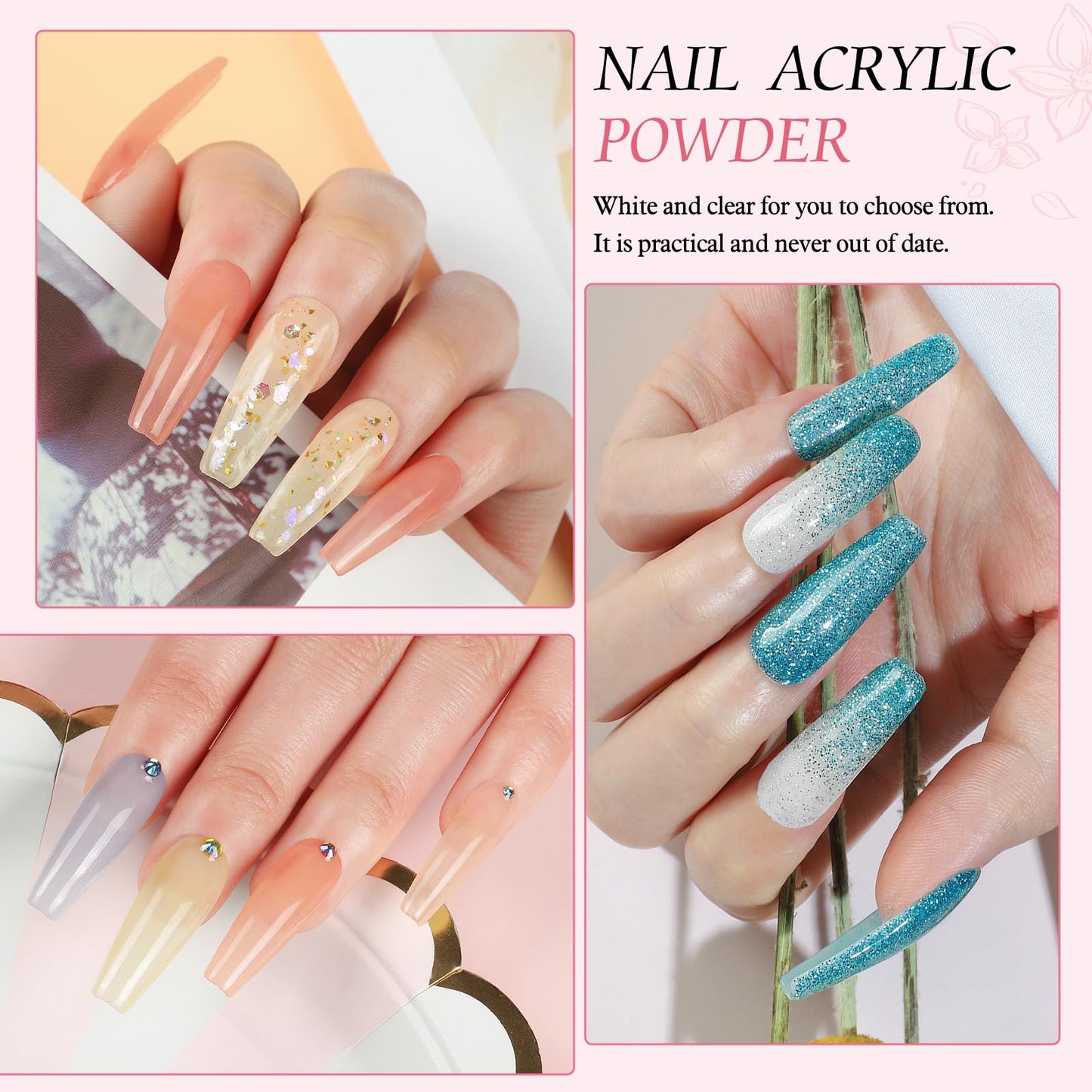 Acrylic Nail Kit for Beginners 4Pcs Acrylic Powder 12 Candy Color Glitter Powder Professional Nail Kit Acrylic Set Nail Art Rhinestones 200Pcs Nail Tips Full Nail Supplies DIY Home