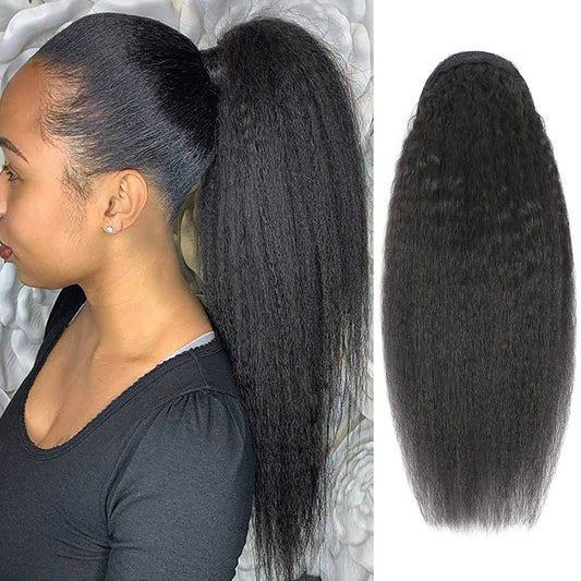 Adette 12 Inch Kinky Straight Human Hair Ponytail Glueless Drawstring Ponytails Extension Yaki Straight Clip in Hair Extensions for Black Women Natural Black Remy Hair