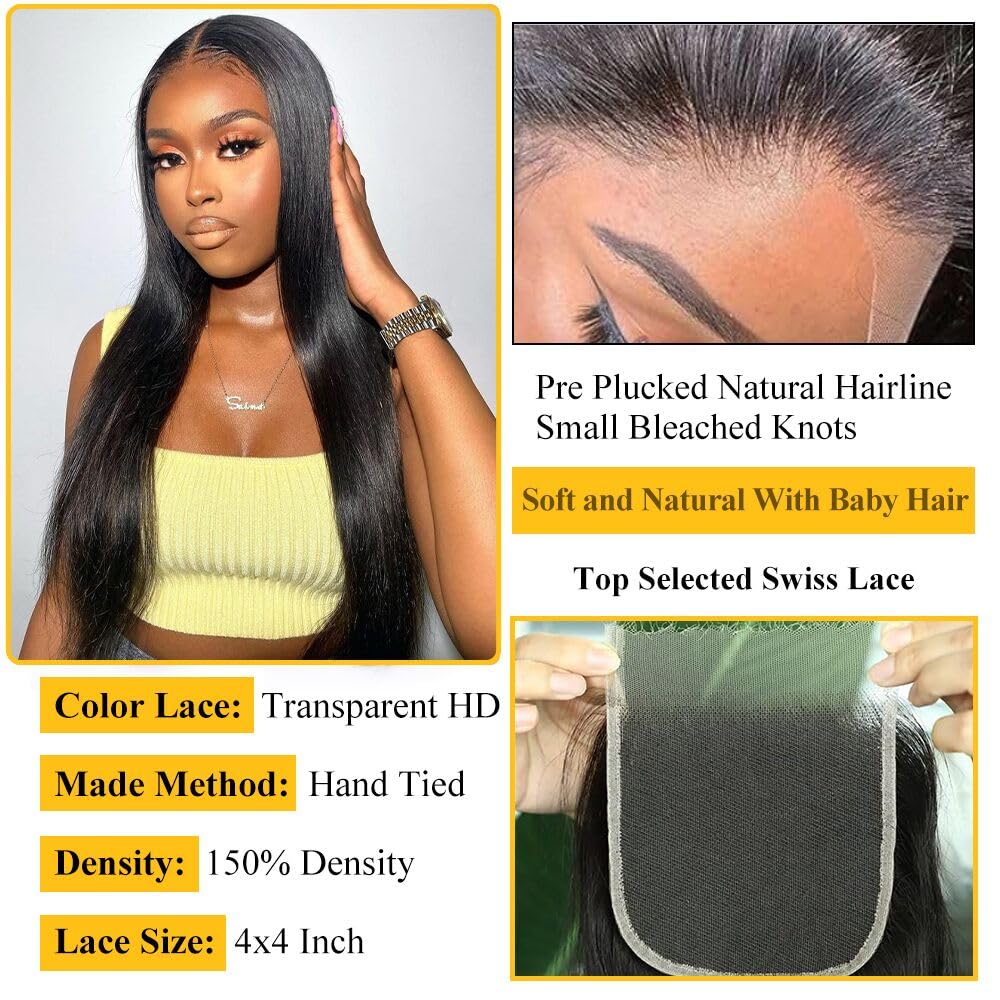 QTHAIR 14A Grade Brazilian Straight Human Hair Bundles with Closure(14" 16" 16"+12"Free Part Lace Closure,Natural Black) 100% Unprocessed Brazilian Virgin Hair Extensions for All Women