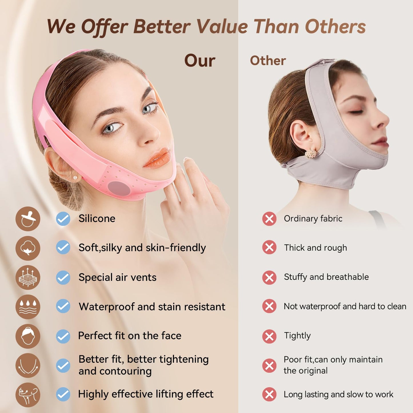 Reusable V Line Silicone Face Strap, Soft Silicone Chin Strap for Women 23-27 Inches (powdered)