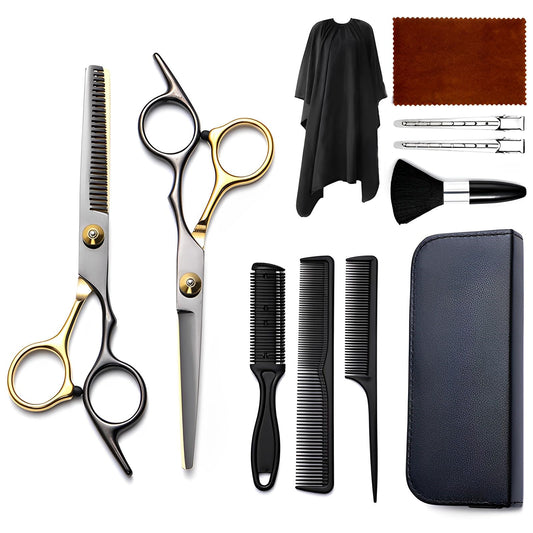 Hair Cutting Scissors Kit 11PCS, Hair Scissors Professional Haircut Scissors Japanese Stainless Steel Hair Shears, Thinning Shears, Haircut Accessories in Leather Case for Salon/Home (Black - Gold)