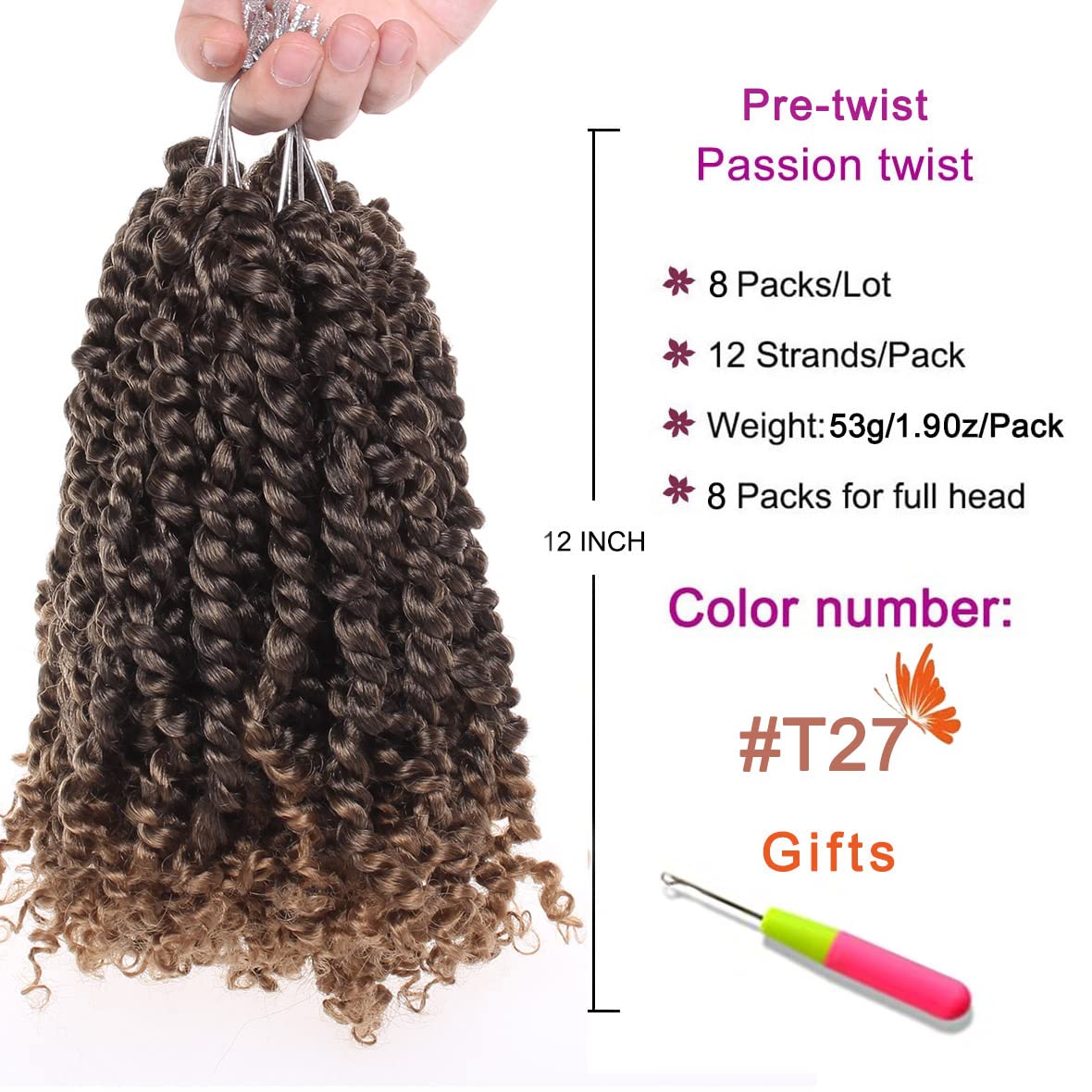 ZRQ 12 Inch Bomb Twist Braiding Hair 2 Packs Short Bohemian Hair for Passion Twists 12 Roots/Pack Ombre Blonde Pre-Twisted Passion Twist Crochet Braids Hair Extensions for Black Women T27#