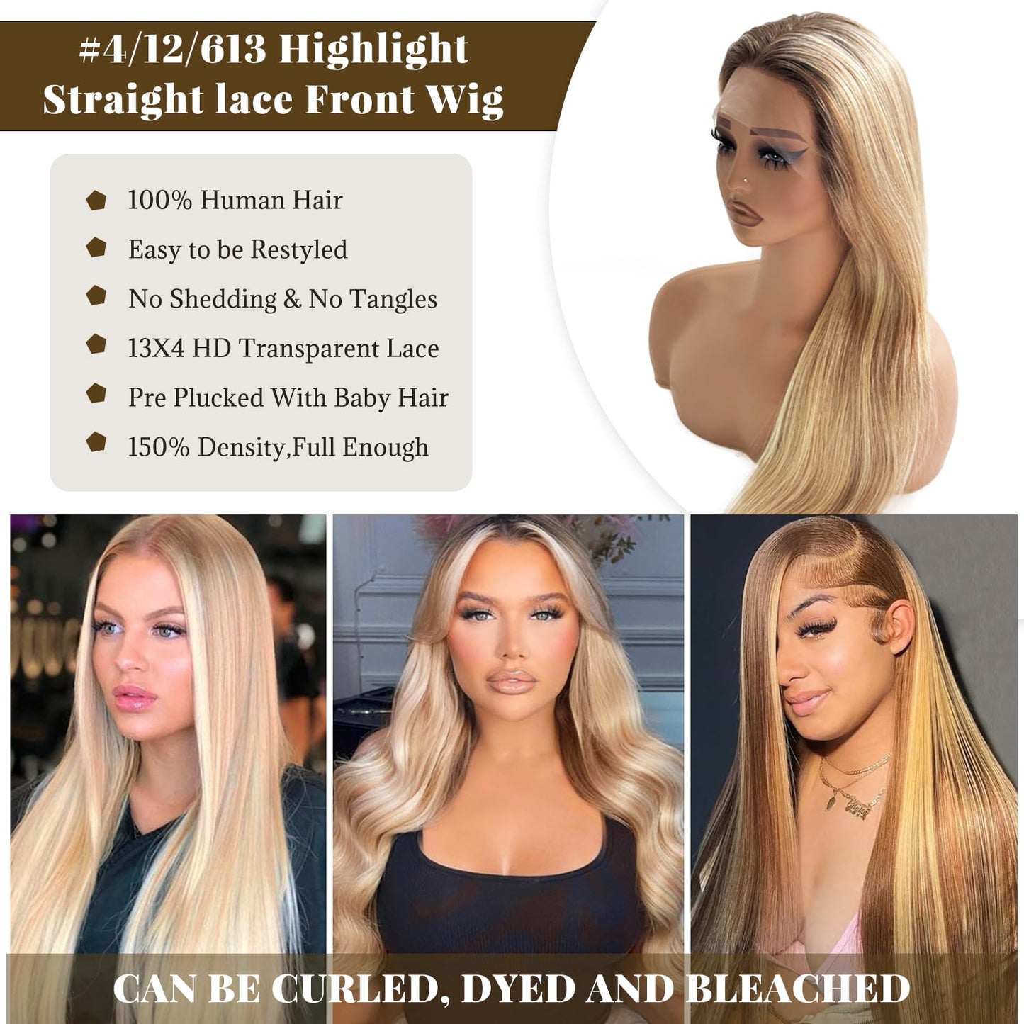 13x4 Highlights Lace Front Wigs Human Hair for Women Honey Blonde Ombre Straight HD Lace Closure Wig Glueless Remy Brazilian Virgin Human Hair 18 Inch Pre Plucked Bleached Knots #4/12/613