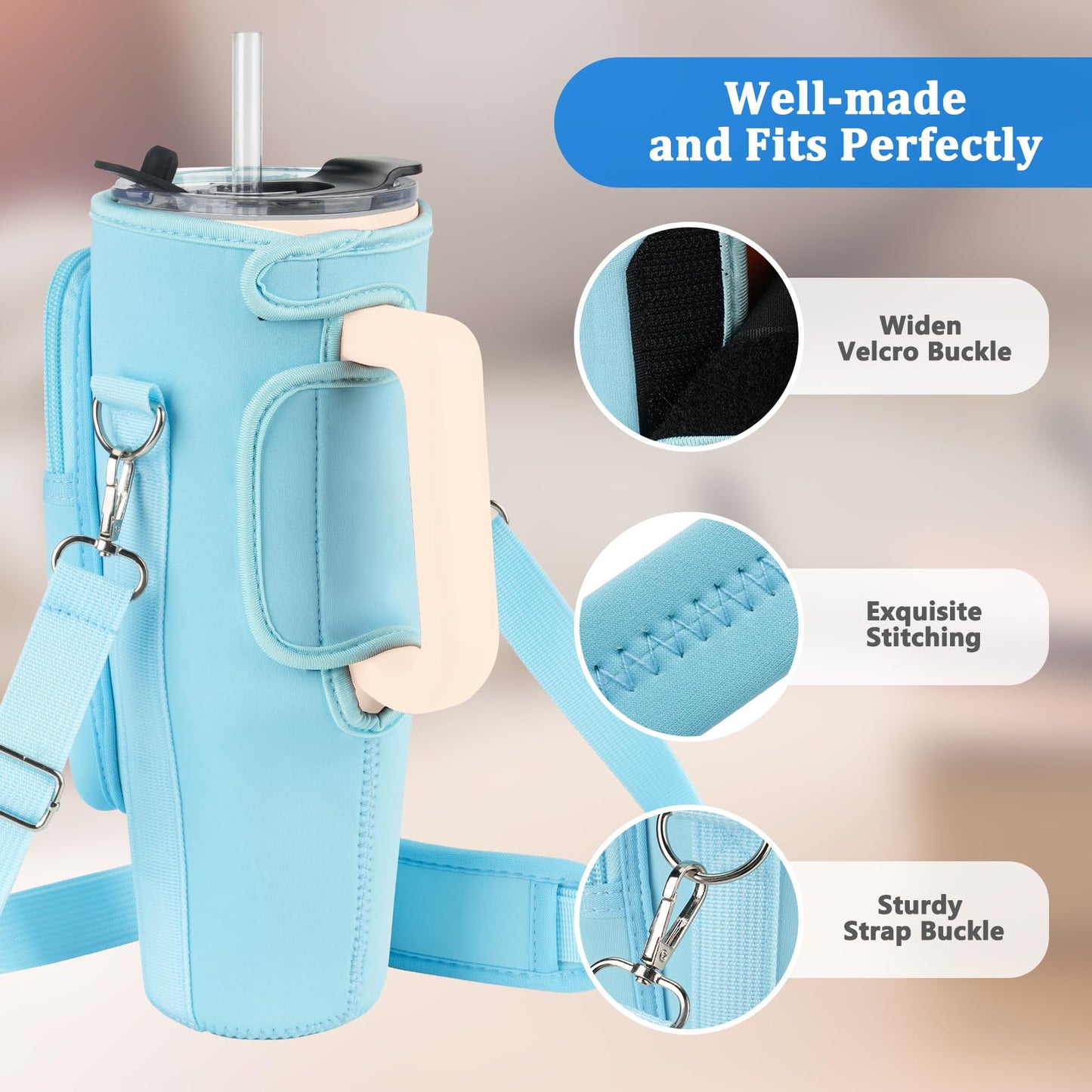 Water Bottle Carrier Bag with Phone Pocket Compatible with Stanley/Meoky 40 oz Tumbler with Handle,Neoprene Water Bottle Holder Pouch with Adjustable Strap Compatible with Stanley Cup Accessories