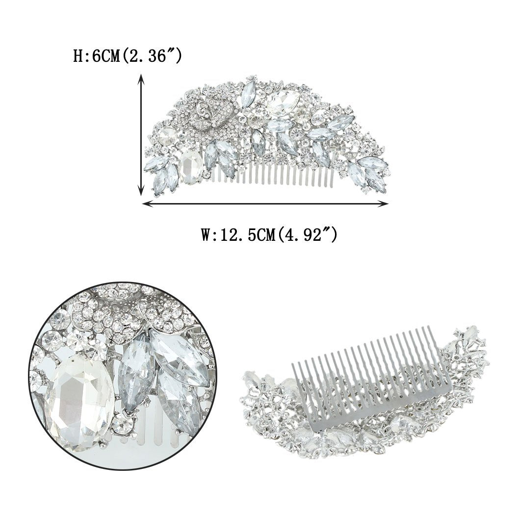 EVER FAITH Bridal Hair Accessories Crystal 5 Inch Rose Flower Bouquet Side Comb Clear Silver-Tone For Women