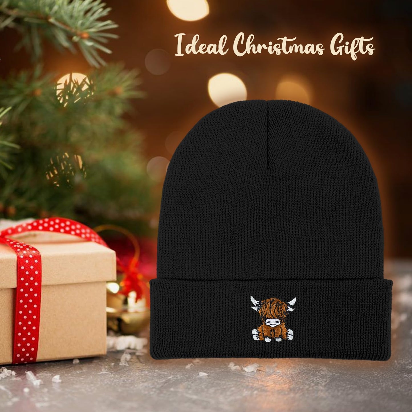 gswirmchsq Scottish Highland Cow Beanie Hat Black, Cute Funny Cow Embroidery Winter Knit Skull Cap for Adult Men Women