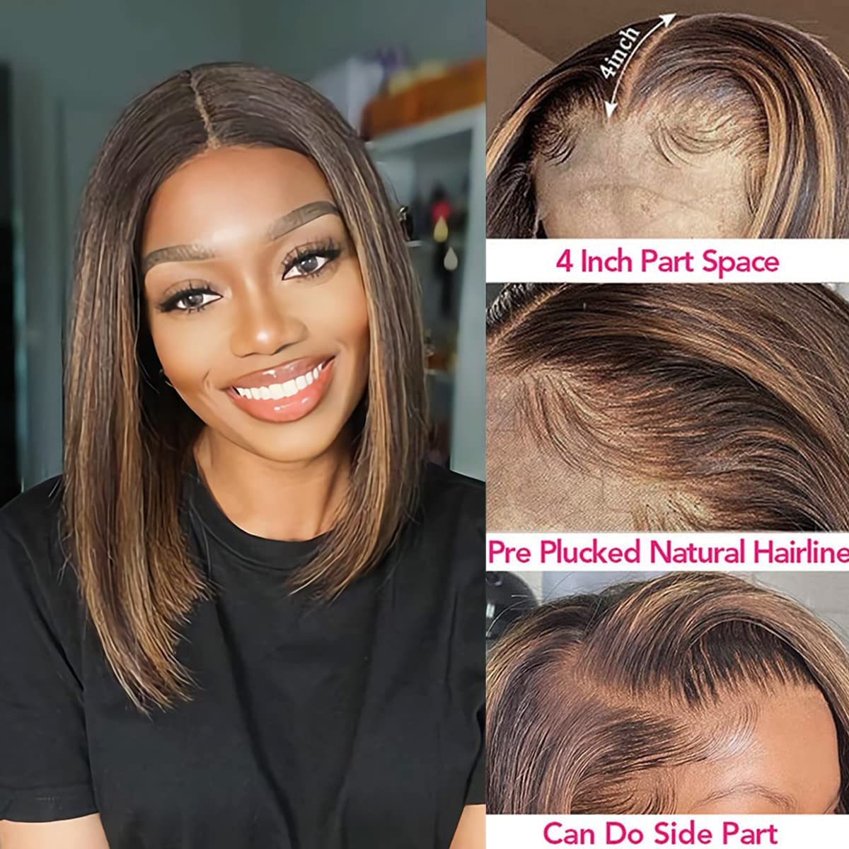 Colorful Bird Highlight Ombre 4x4 Lace Frontal Bob Wig Human Hair Straight Balayage FB30 Blonde Wigs for Women Lace Frontal Wigs 150% Density Pre Plucked 14inch